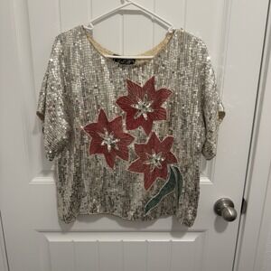 J.L.B Vintage 100% Silk Women's Sequin Top Flower Design Size Medium